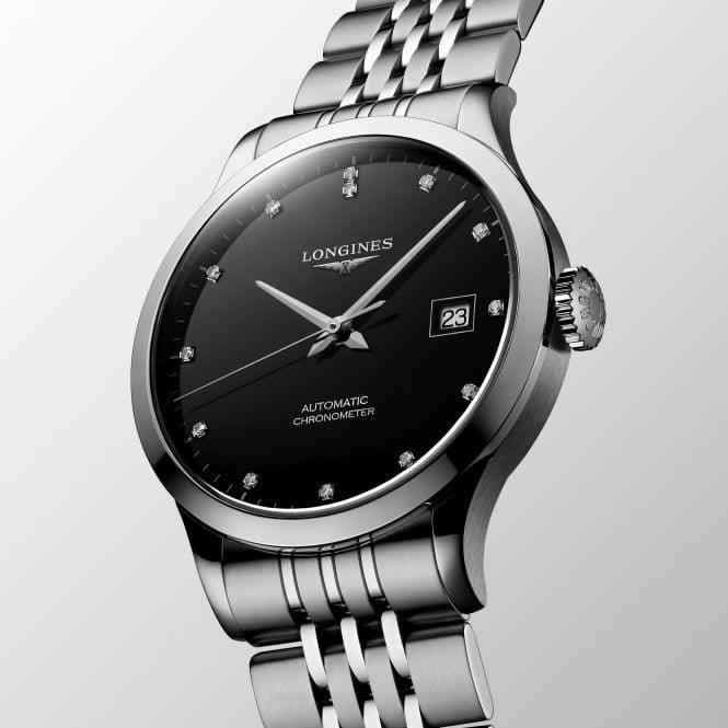 Orologio Longines Record con quadrante nero, datario a ore 3 e indici con diamanti
