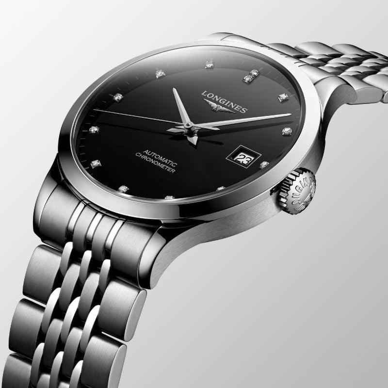 Orologio Longines Record quadrante nero con lancette argento e cinturino acciaio satinato