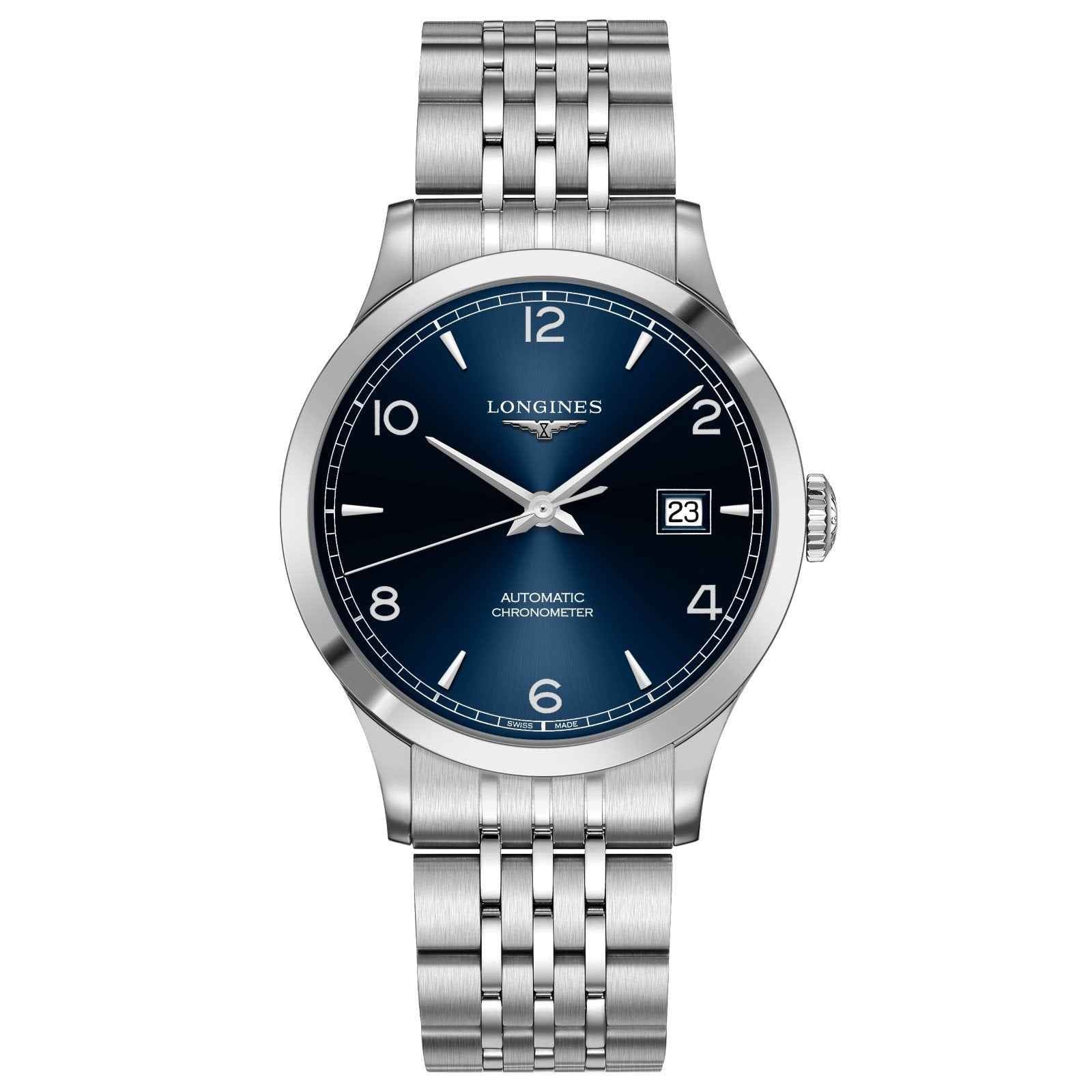 Orologio automatico Longines con cinturino in acciaio e quadrante blu scuro