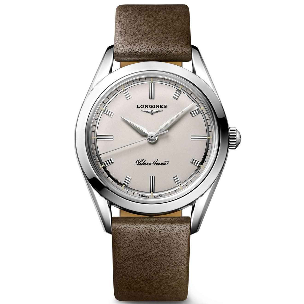 Orologio automatico Longines con quadrante argento e cinturino in pelle marrone