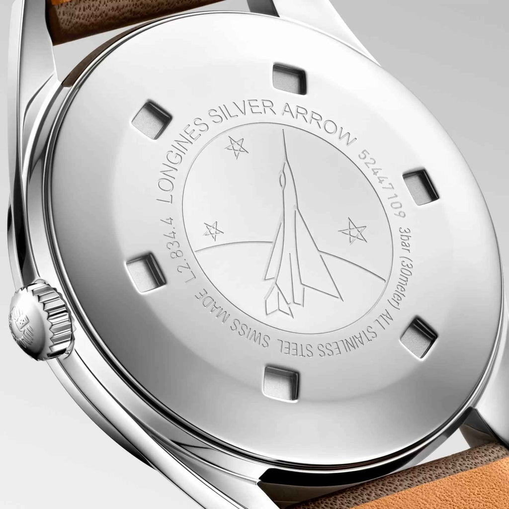 Orologio automatico Longines con fondello argento inciso e cinturino in pelle marrone
