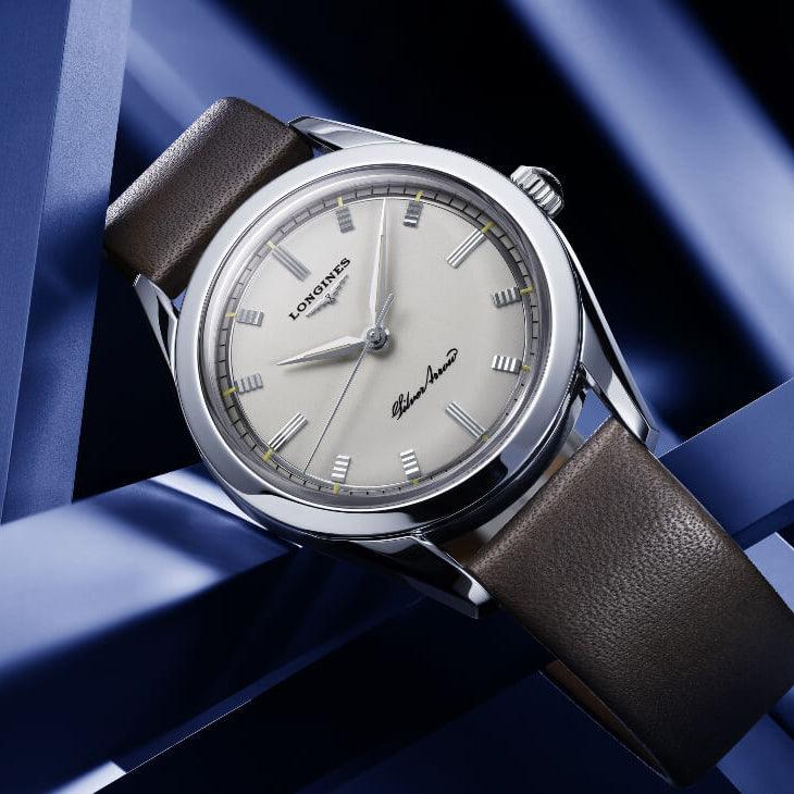 Orologio automatico Longines con cassa argento e quadrante grigio, cinturino in pelle
