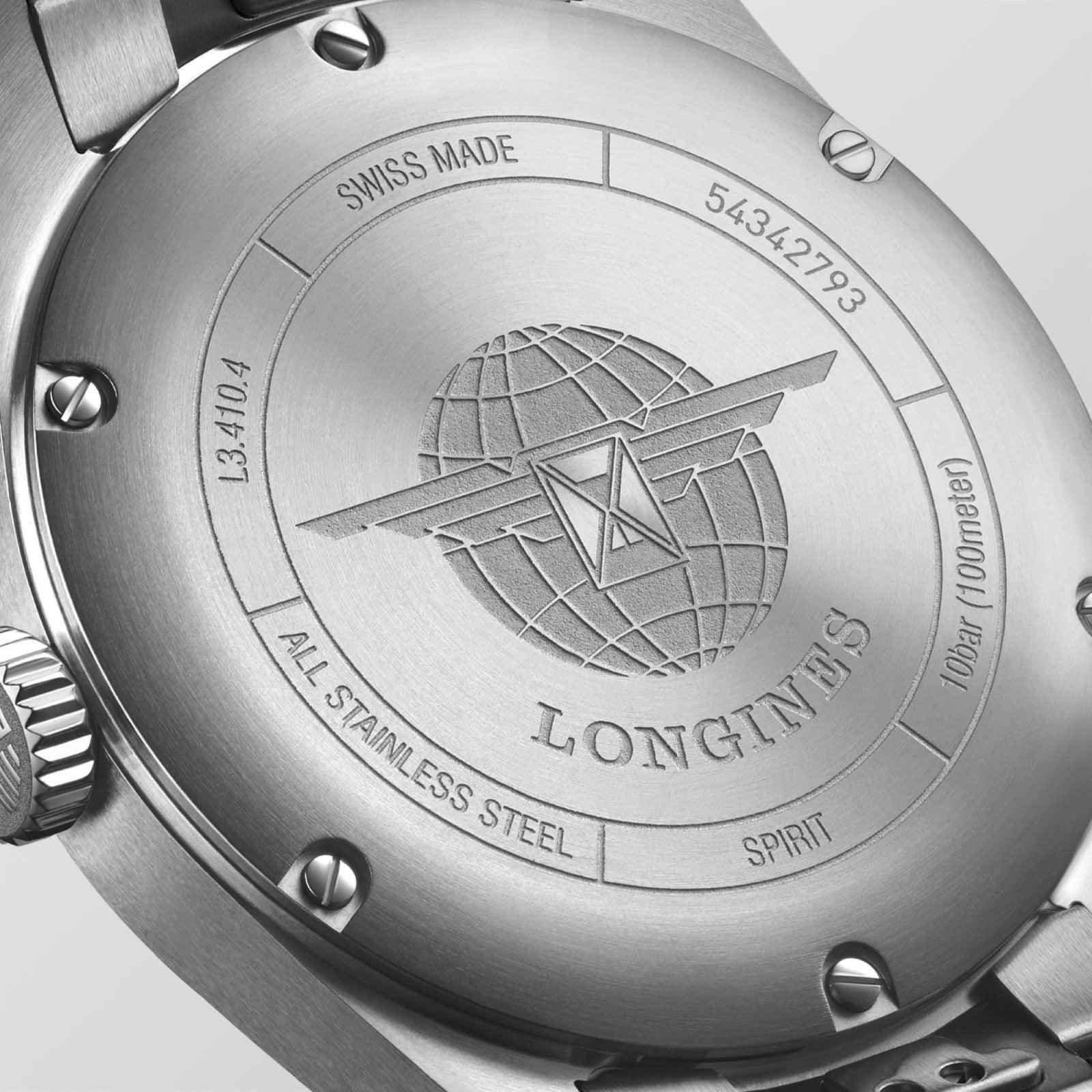 Fondello dell’orologio Longines Spirit in acciaio con incisione e scritte