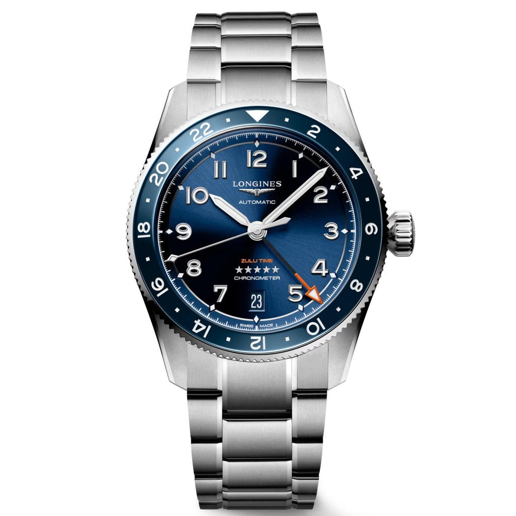 Longines Spirit 39 mm otomatik kol saati; mavi kadranlı çelik bileklik