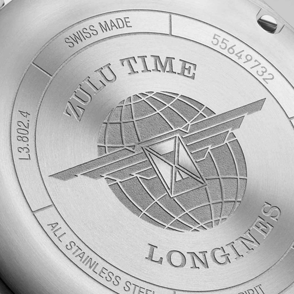 Fondello in acciaio Longines con incisione mappa del mondo e scritte Swiss Made