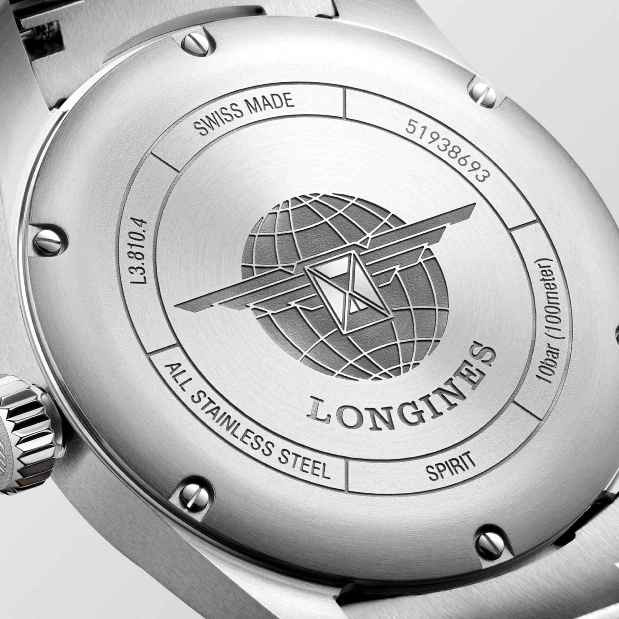 Fondello dell’orologio Longines Spirit in acciaio con incisione globo e scritte