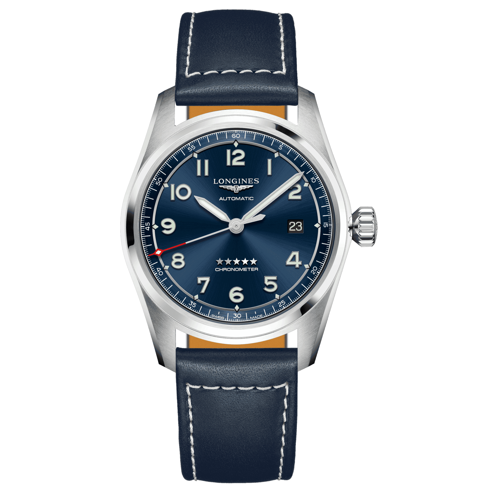 Orologio Longines Spirit 40 mm: quadrante blu, cassa acciaio, cinturino pelle.