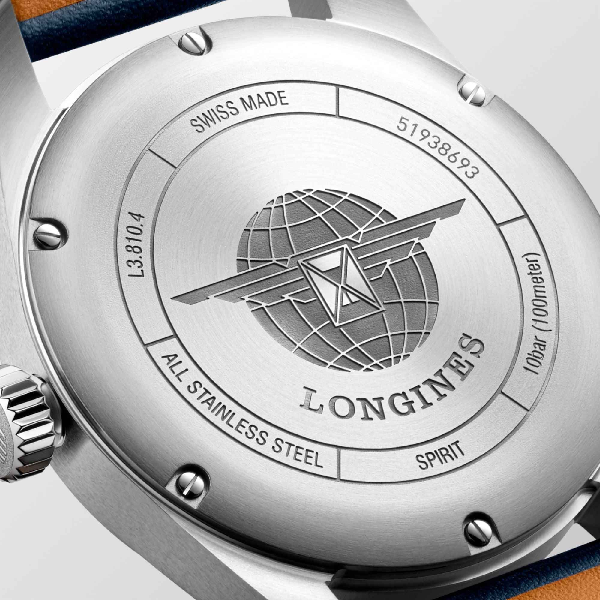 Fondello orologio Longines in acciaio con incisione mondo e scritte.