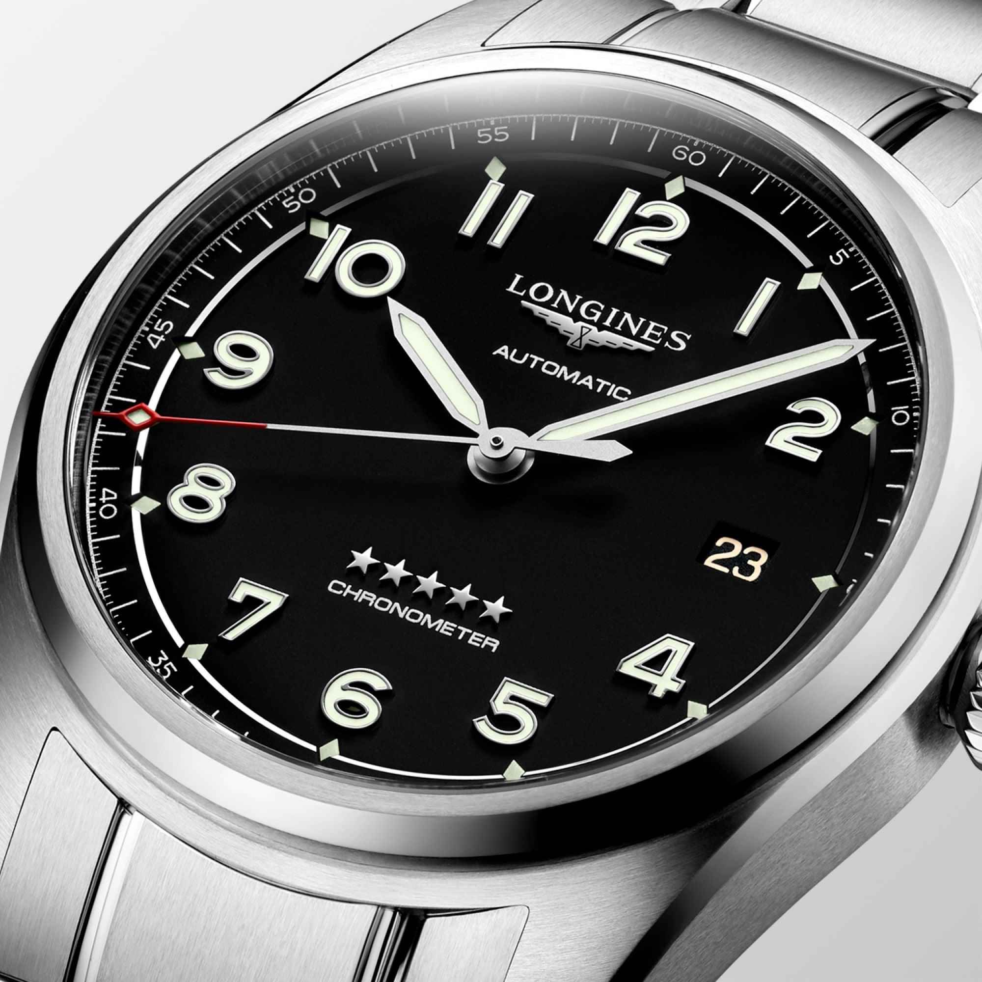 Orologio Longines Spirit 40mm con quadrante nero e marcatori numerici, vetro curvo