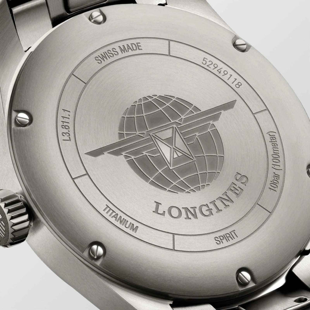Fondello orologio Longines Spirit in titanio con incisione mappamondo e scritte