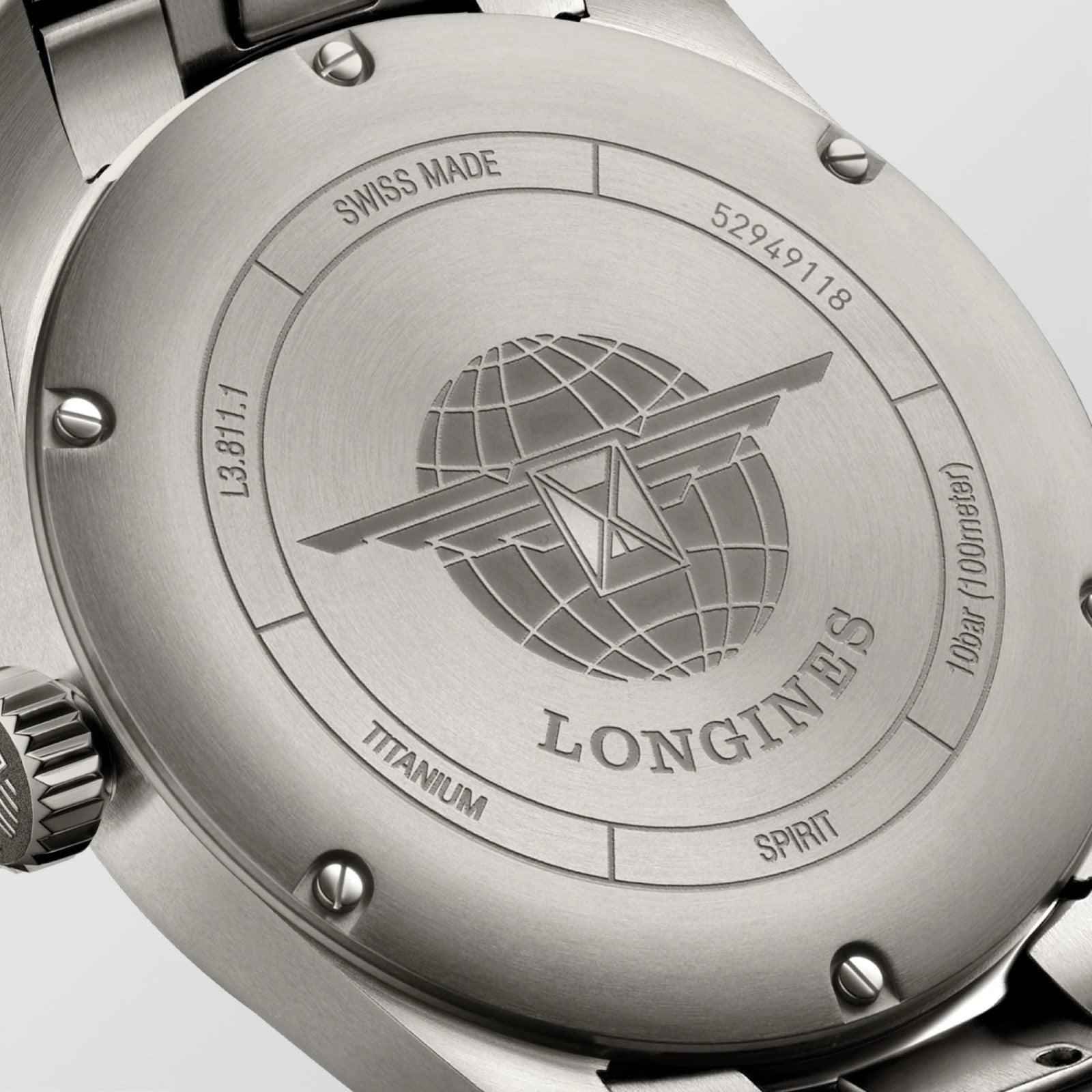 Fondello orologio Longines Spirit in titanio con incisione mappamondo e scritte