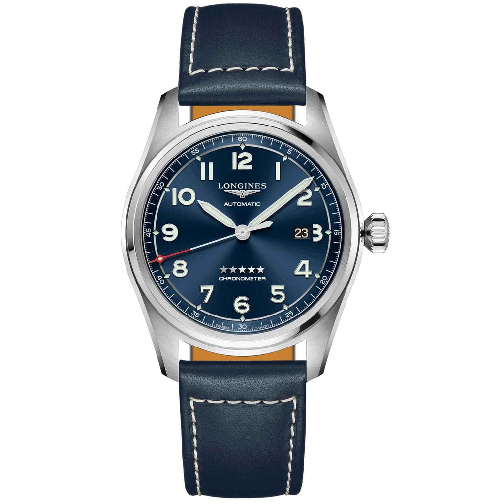 Orologio Longines Spirit con quadrante blu e cinturino in pelle blu, cassa acciaio 42mm