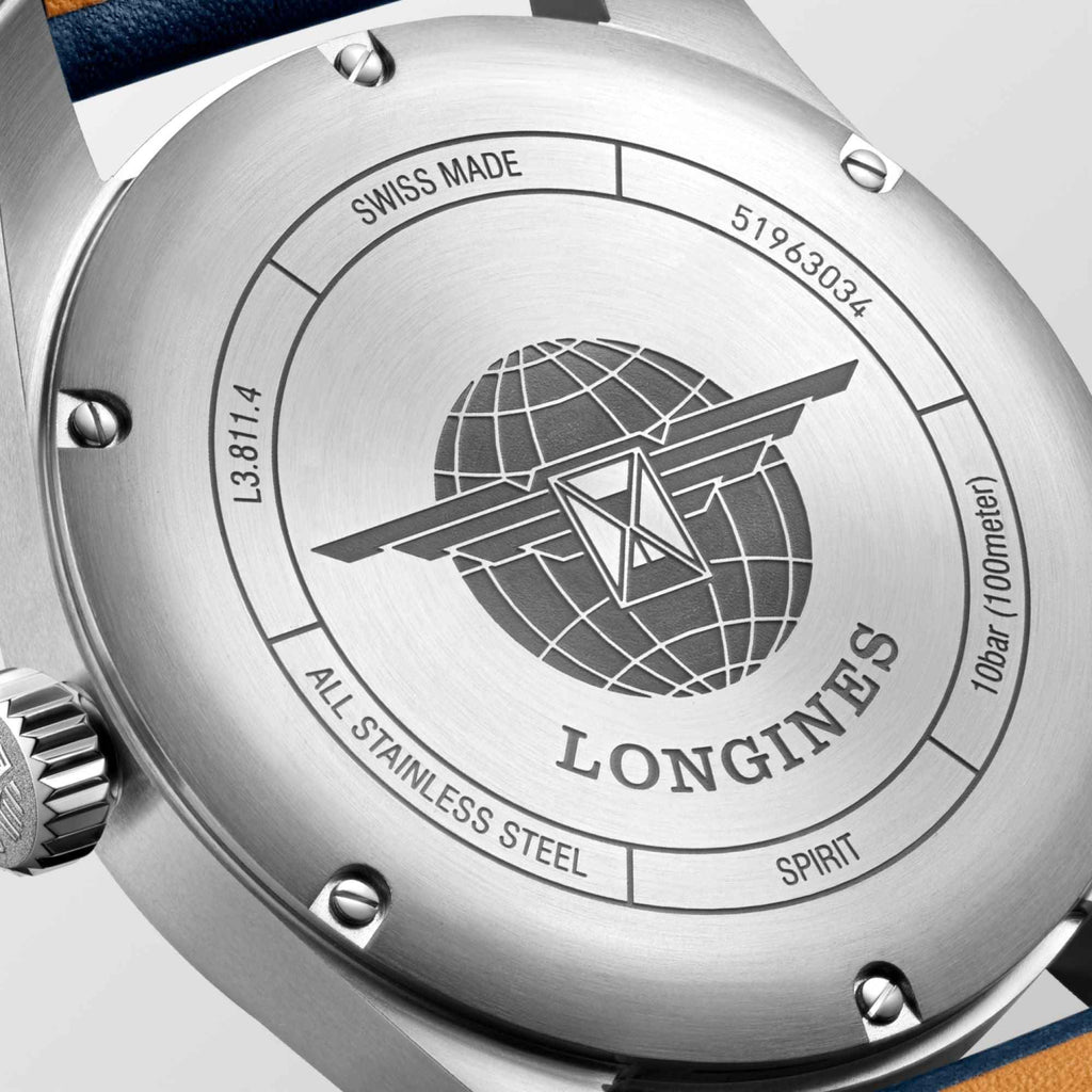 Fondello dell’orologio Longines Spirit in acciaio con incisione mappa e scritte tecniche