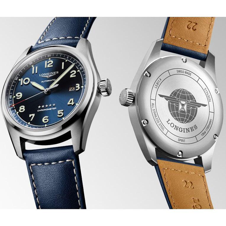 Orologio automatico Longines Spirit 42 mm in acciaio, quadrante blu e cinturino in pelle blu