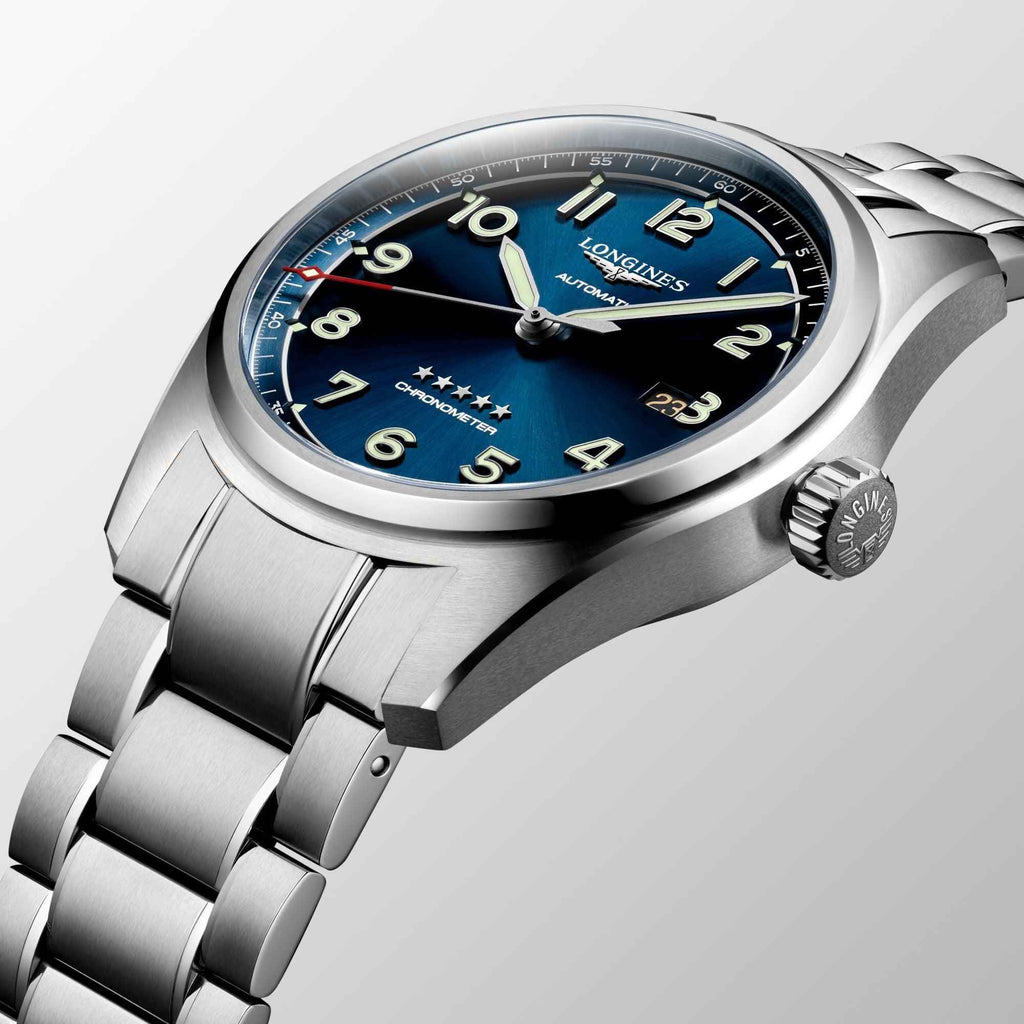 Orologio Longines Spirit 42 mm: quadrante blu con indici e datario