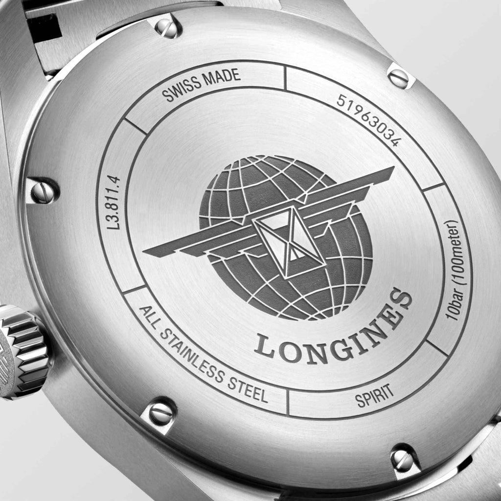 Fondello dell’orologio Longines Spirit in acciaio con incisione mappa e scritte