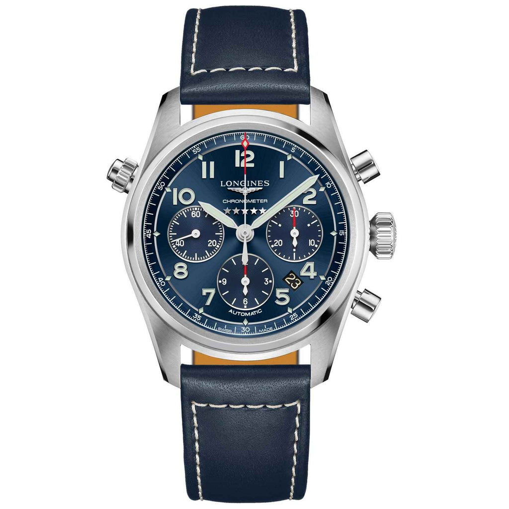 Orologio Longines cronografo 42 mm in acciaio, quadrante blu e cinturino in pelle.