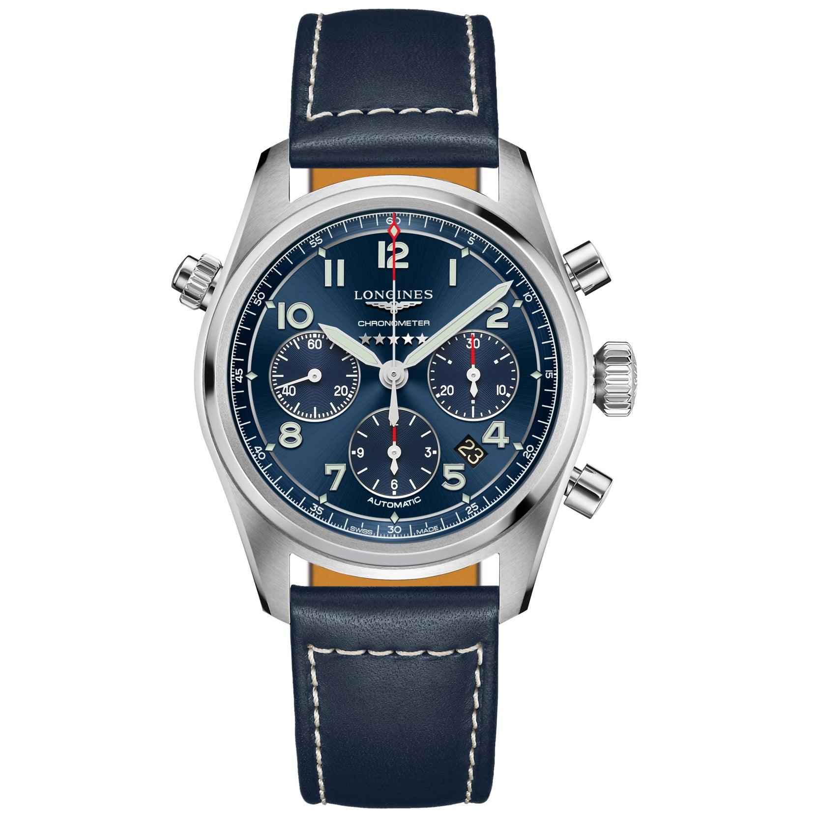 Orologio Longines cronografo 42 mm in acciaio, quadrante blu e cinturino in pelle.