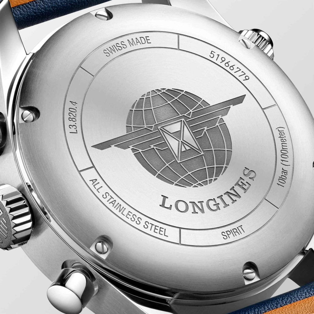 Fondello Orologio Longines Spirit con scritta “SWISS MADE” e logo a globo.