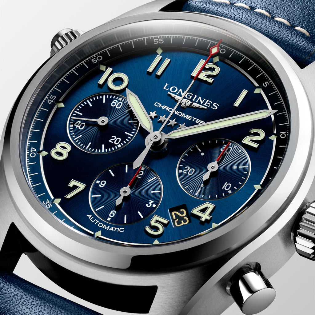 Longines orologio cronografo automatico 42 mm in acciaio con quadrante blu e cinturino blu