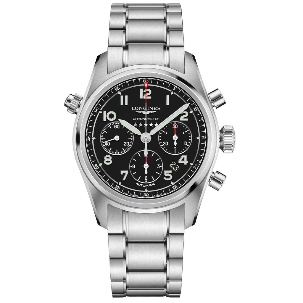 Orologio cronografo automatico Longines, quadrante nero e bracciale acciaio