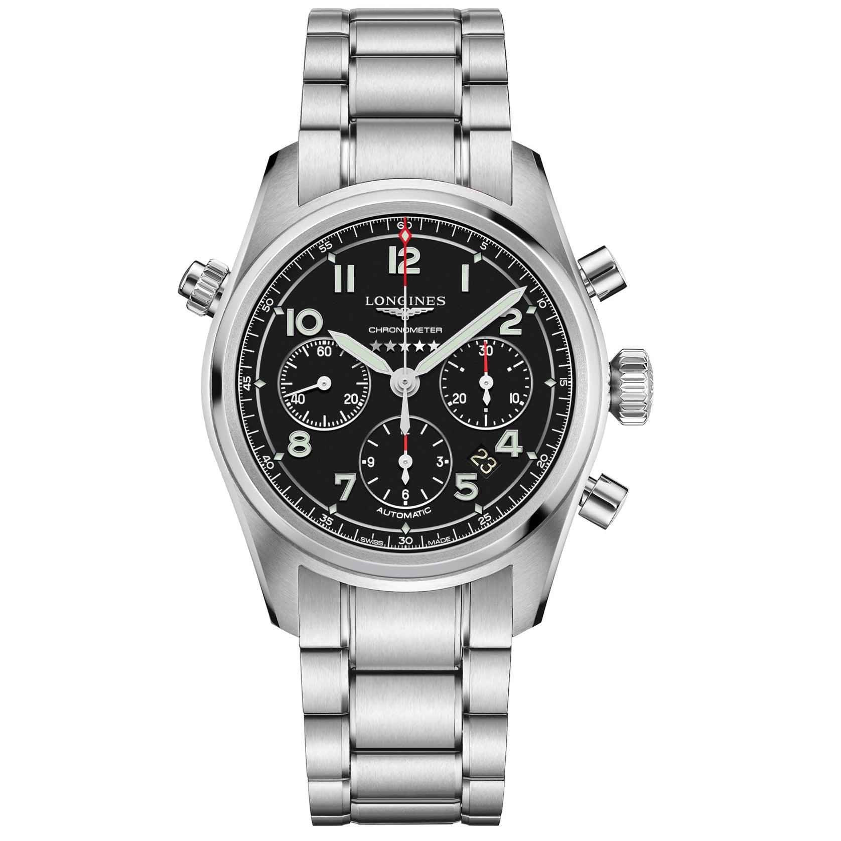 Orologio cronografo automatico Longines, quadrante nero e bracciale acciaio