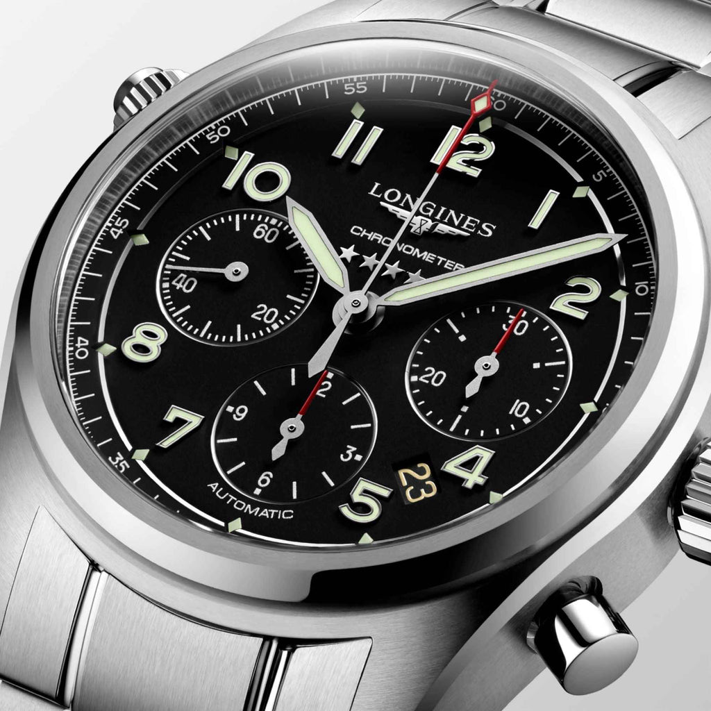 Orologio Longines cronografo, quadrante nero con indici verdi e contatori