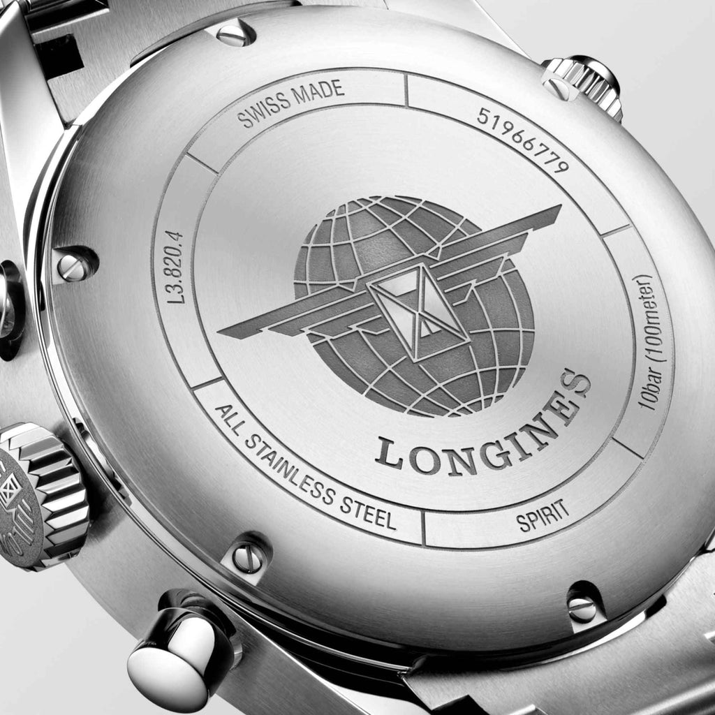 Fondello dell’orologio Longines in acciaio con incisione “Spirit” e mappa
