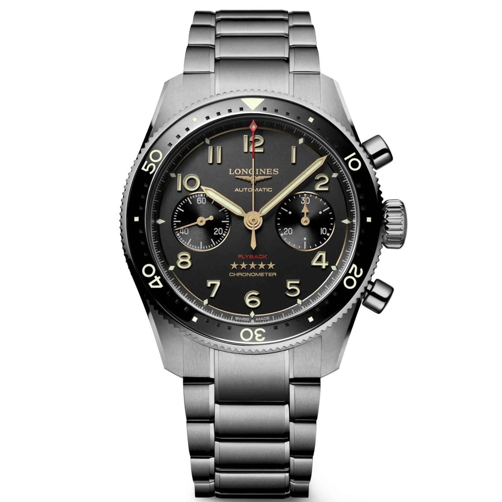 Orologio Longines Spirit Flyback 42mm con quadrante nero e bracciale in titanio antracite
