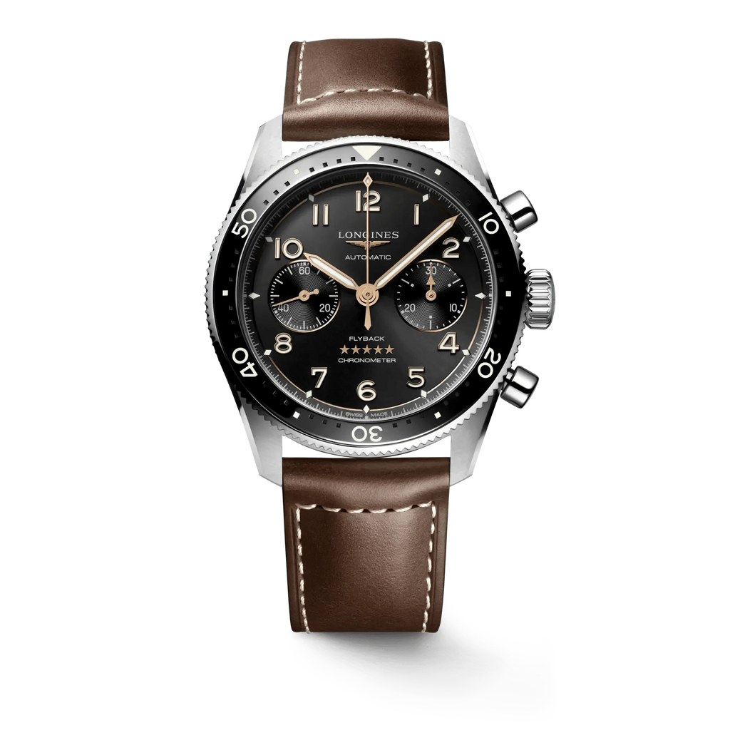 Orologio Longines Spirit Flyback con cinturino in pelle marrone e quadrante nero