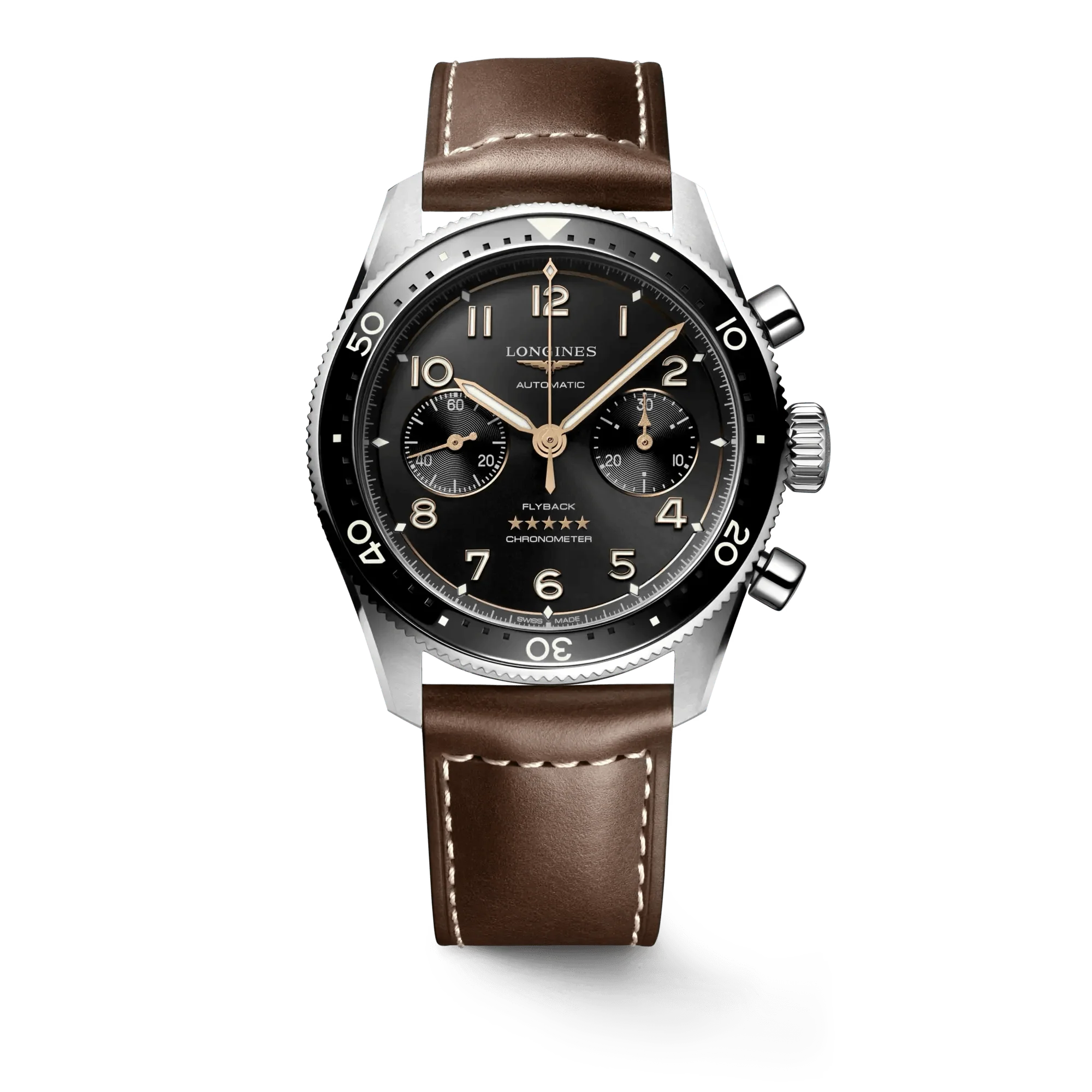 Orologio Longines Spirit Flyback con cinturino in pelle marrone e quadrante nero