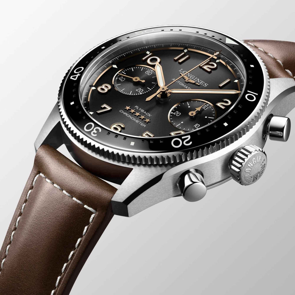 Orologio Longines con quadrante nero, cassa in acciaio e cinturino in pelle marrone