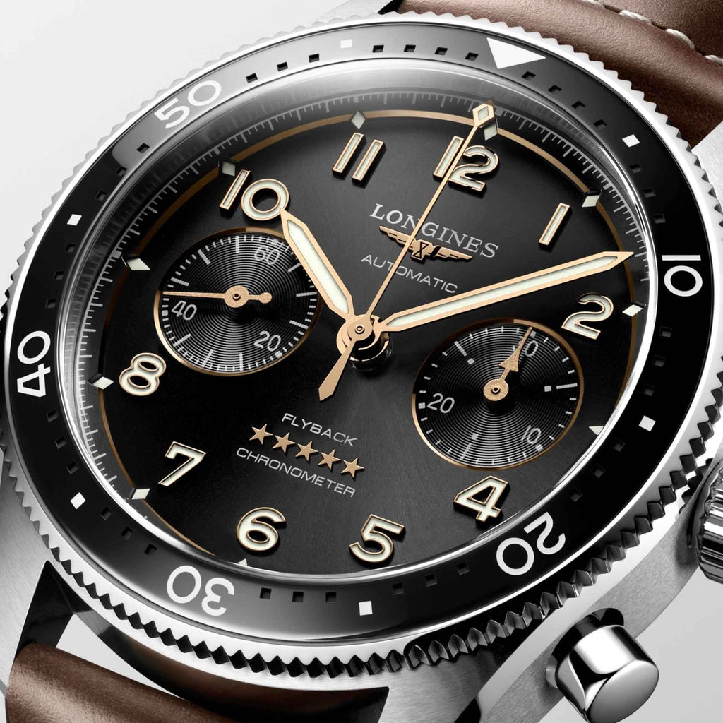 Orologio Longines Spirit Flyback con quadrante nero, indicatori e cronografi