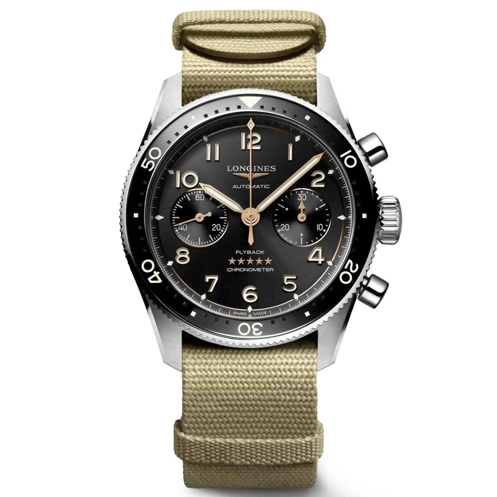 Orologio automatico Longines Spirit Flyback con quadrante nero e cinturino in tessuto beige