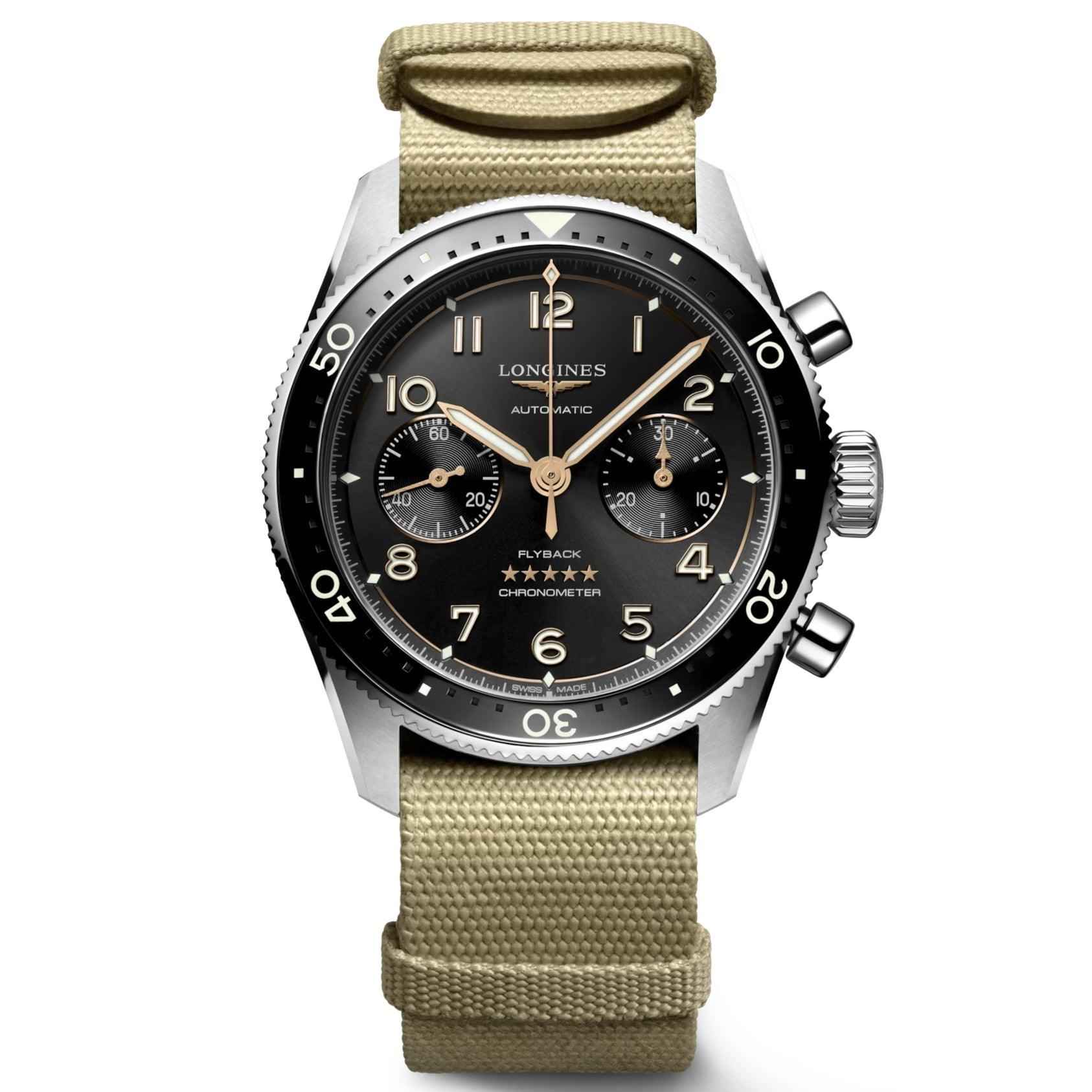 Orologio automatico Longines Spirit Flyback con quadrante nero e cinturino in tessuto beige