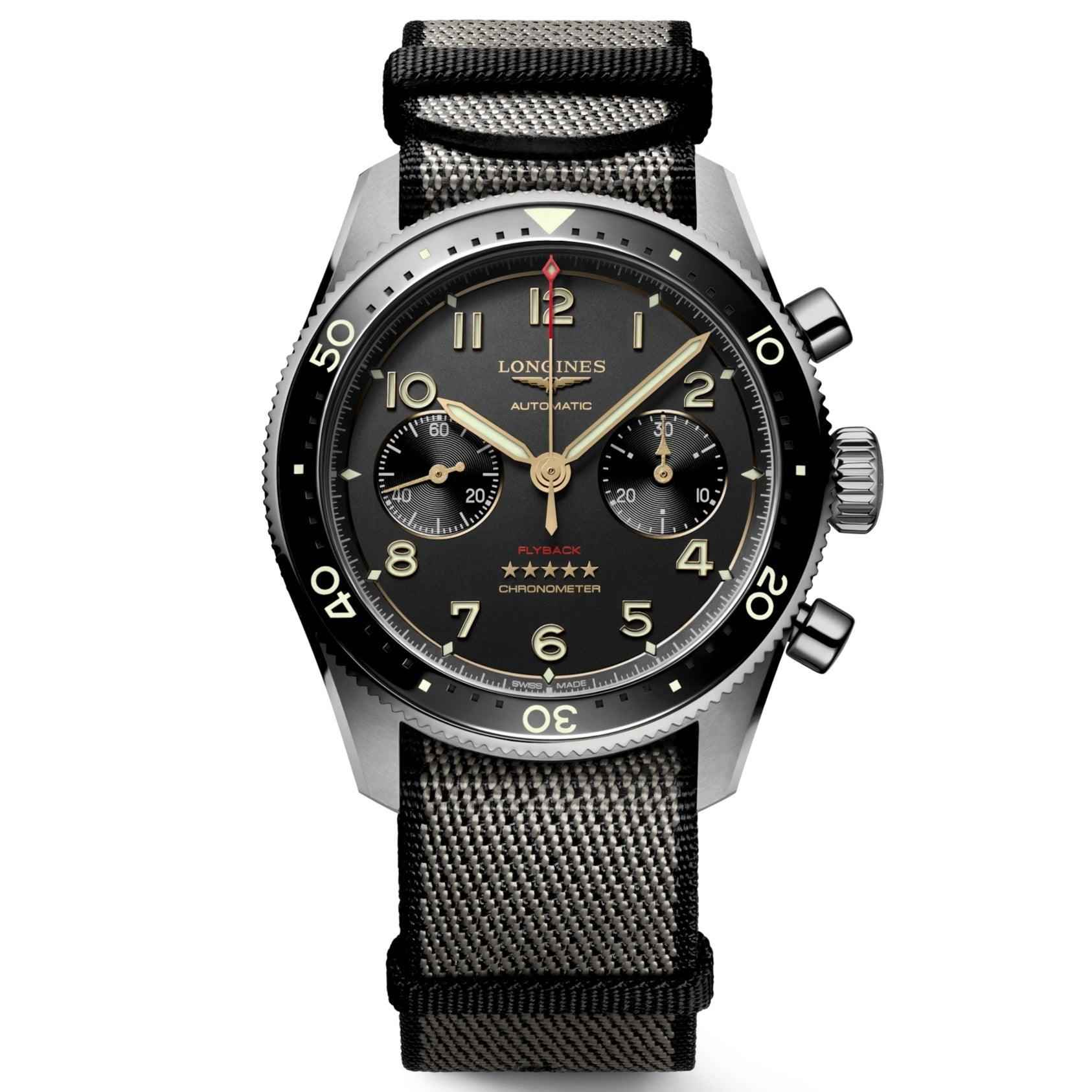 Orologio Longines Spirit Flyback in titanio antracite, quadrante nero e cinturino tessile.