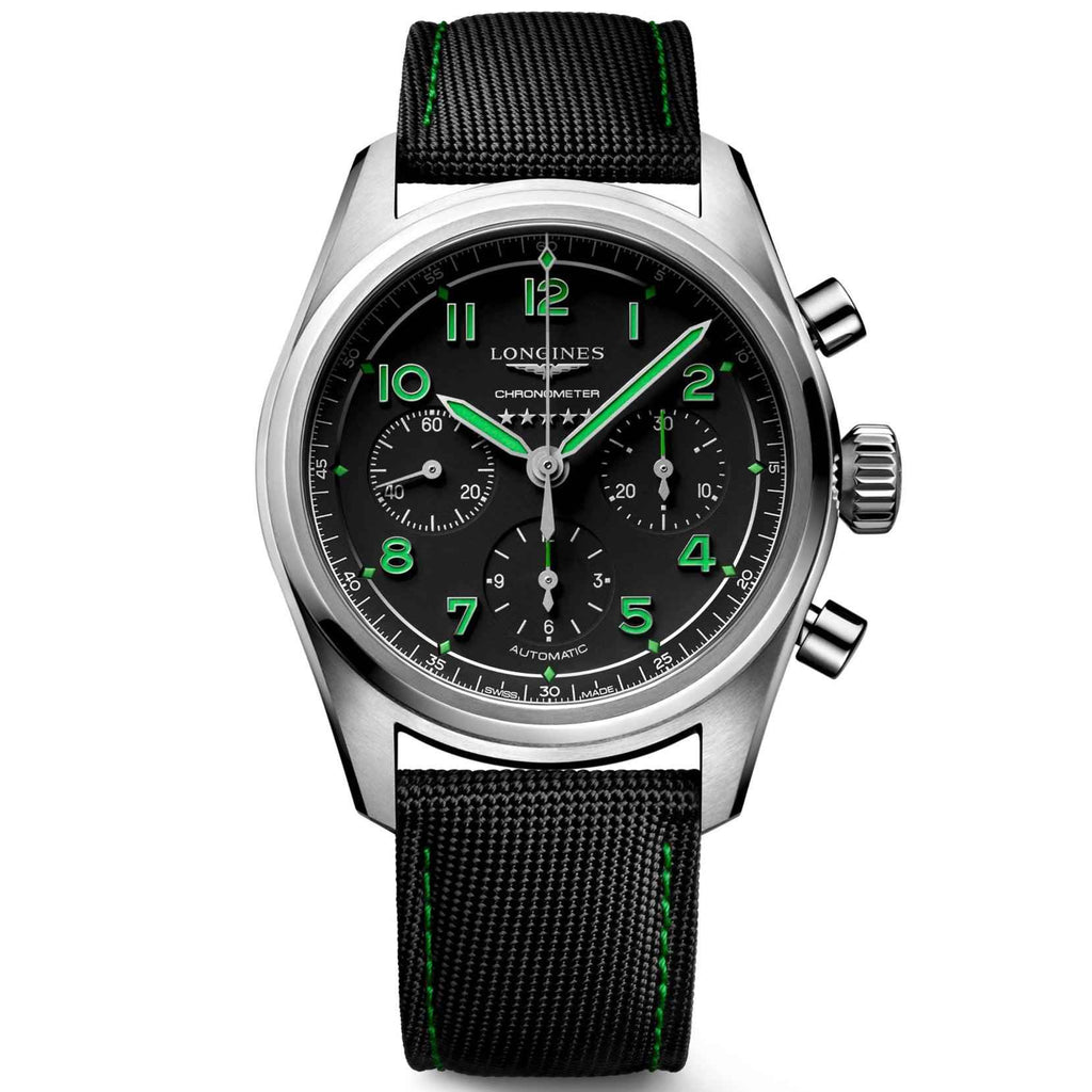 Orologio Longines Spirit con quadrante nero e indici verdi, cassa in titanio e cinturino nero