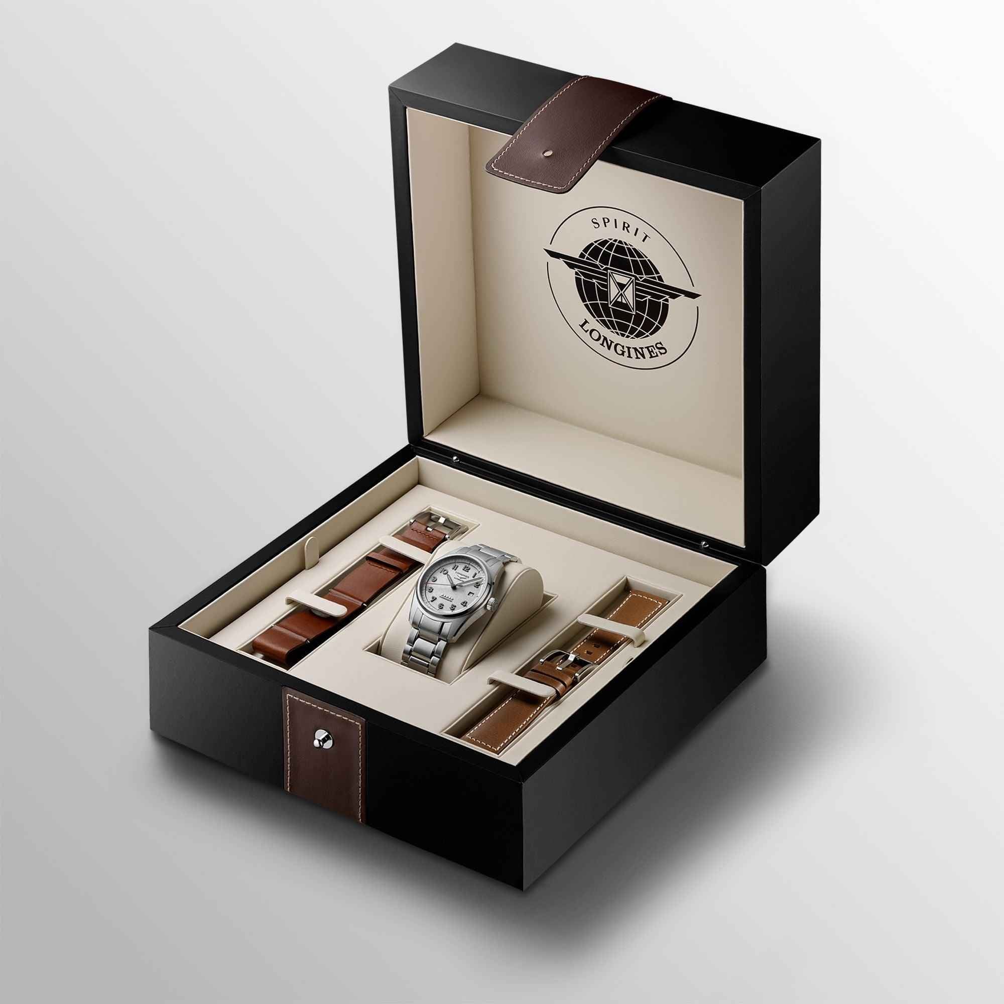 Set orologio Longines Spirit in acciaio 40 mm argento con scatola regalo e cinturini