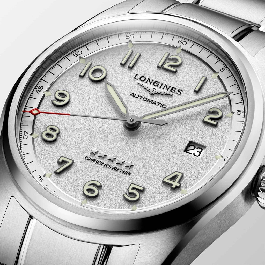 Orologio Longines Spirit argento quadrante automatico con data 23 e cinturino acciaio