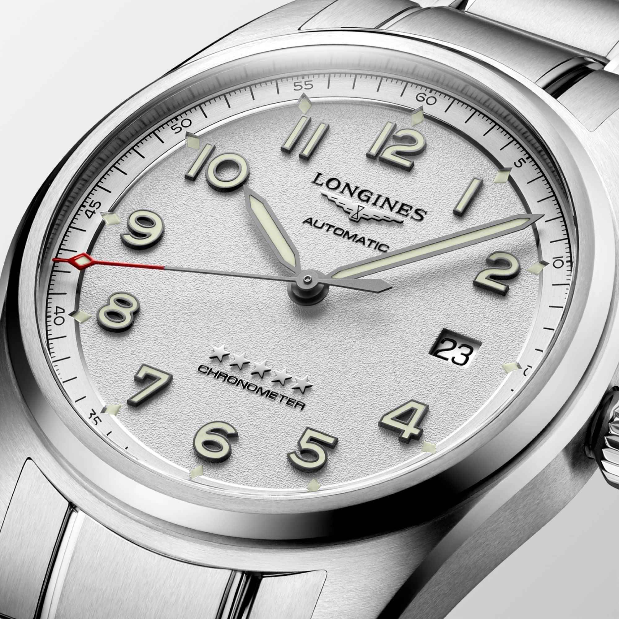Orologio Longines Spirit argento quadrante automatico con data 23 e cinturino acciaio
