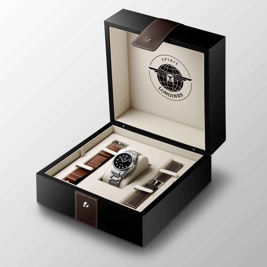 Orologio automatico in astuccio nero con cinturini in pelle e inserti, confezione aperta