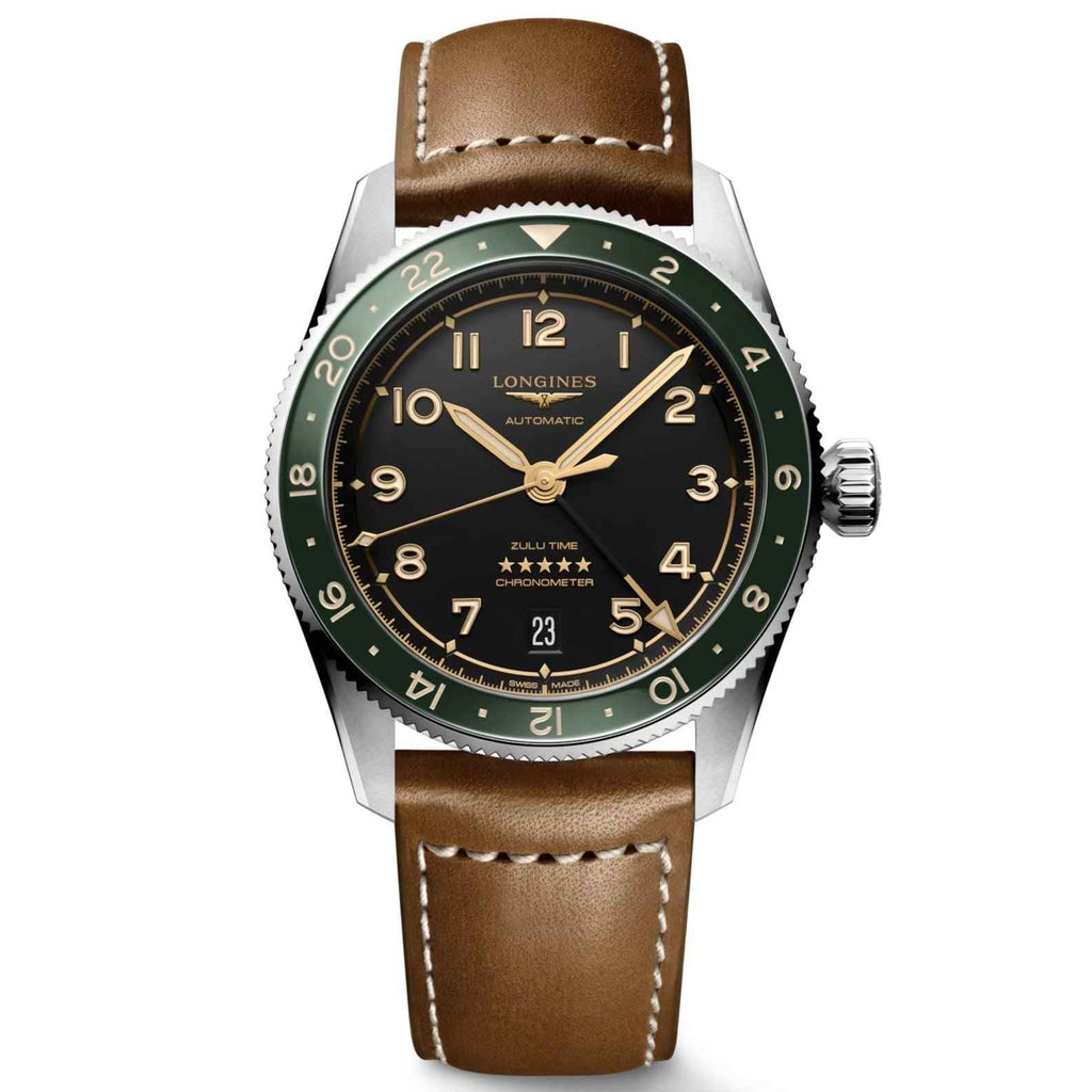 Orologio Longines Spirit Zulu Time 39mm con quadrante nero e cinturino in pelle marrone