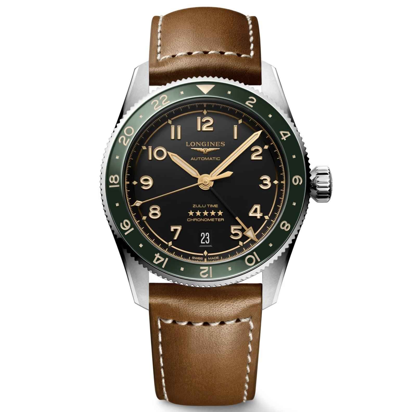 Orologio Longines Spirit Zulu Time 39mm con quadrante nero e cinturino in pelle marrone