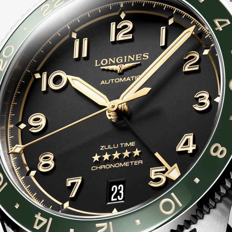 Quadrante Longines con lancette e indici dorati, Zulu Time e data 23
