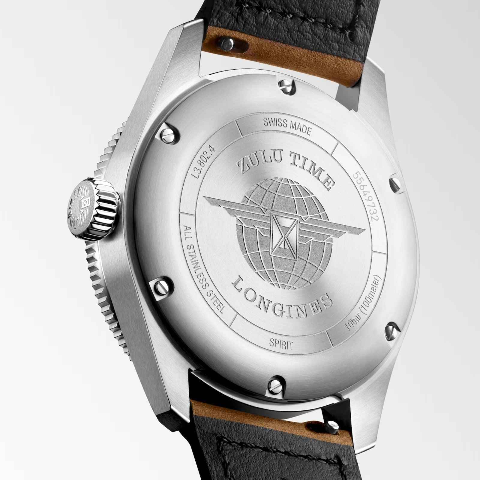 Orologio Longines Spirit con fondello in acciaio inciso Zulu Time e cinturino nero