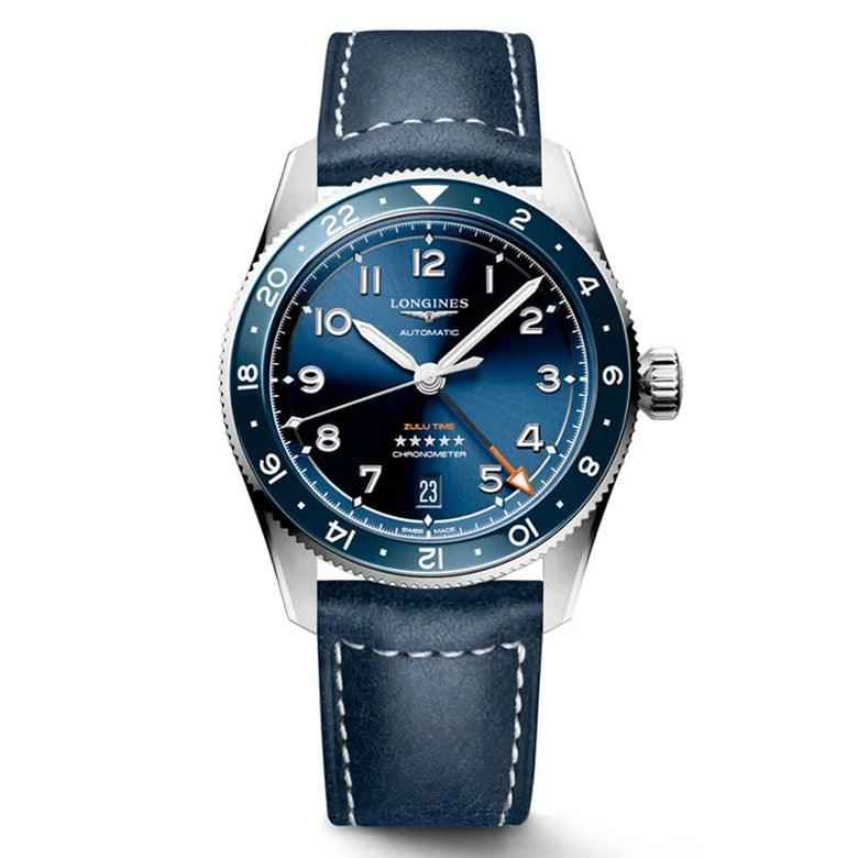 Orologio automatico con quadrante blu, lunetta nera e cinturino in pelle blu scuro