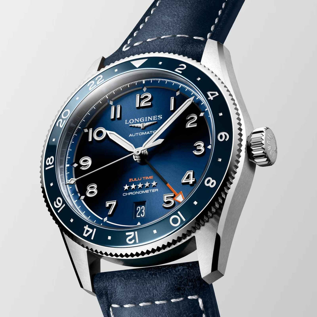 Orologio automatico con quadrante blu e cinturino in pelle blu scuro, cassa in acciaio