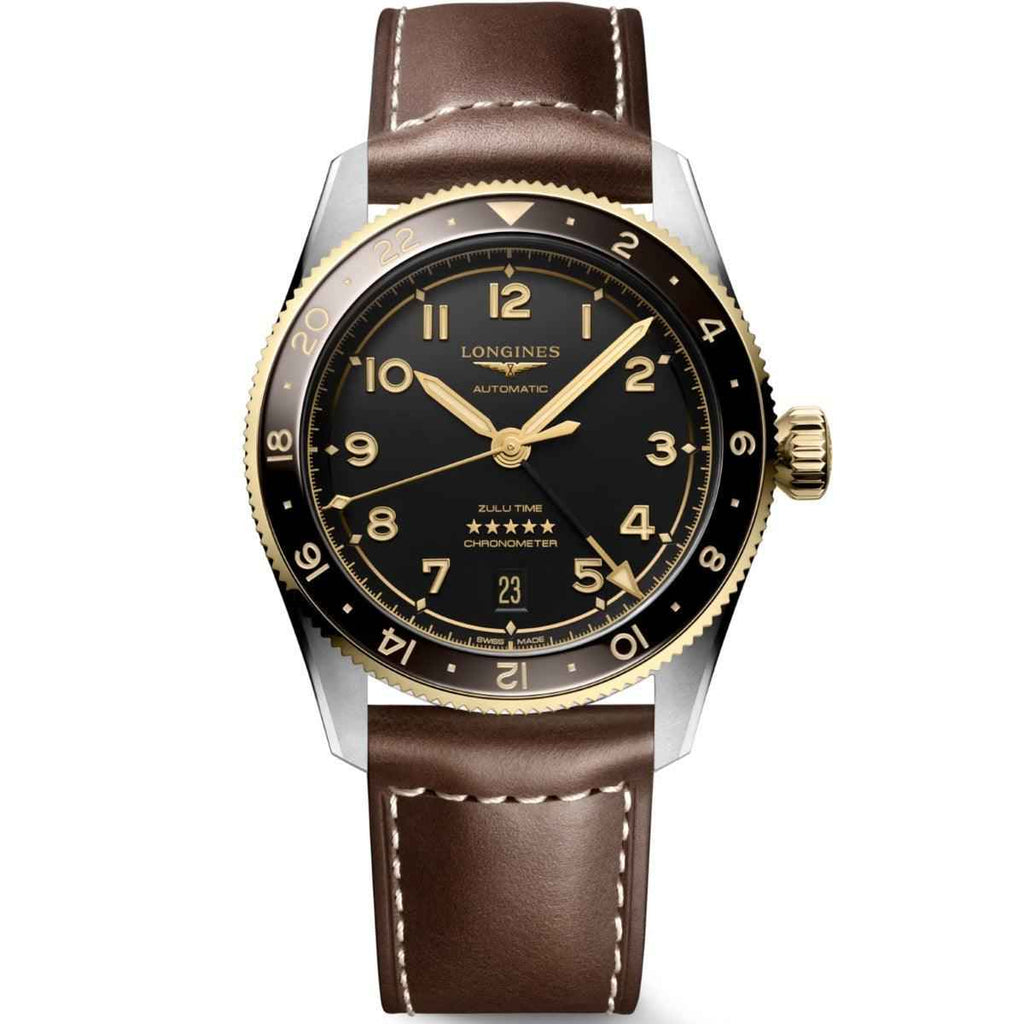 Orologio Longines Spirit Zulu Time 39mm con cinturino in pelle marrone e quadrante nero