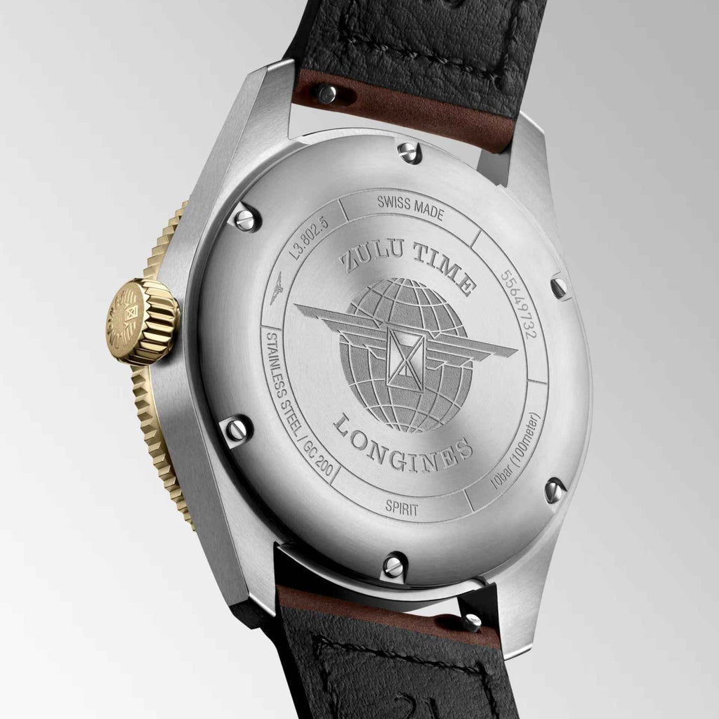 Fondello orologio Longines in acciaio con incisione e cinturino in pelle scura