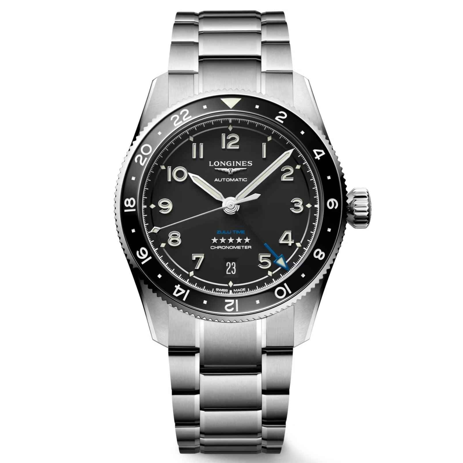 Orologio da polso Longines in acciaio con quadrante nero e bracciale maglia